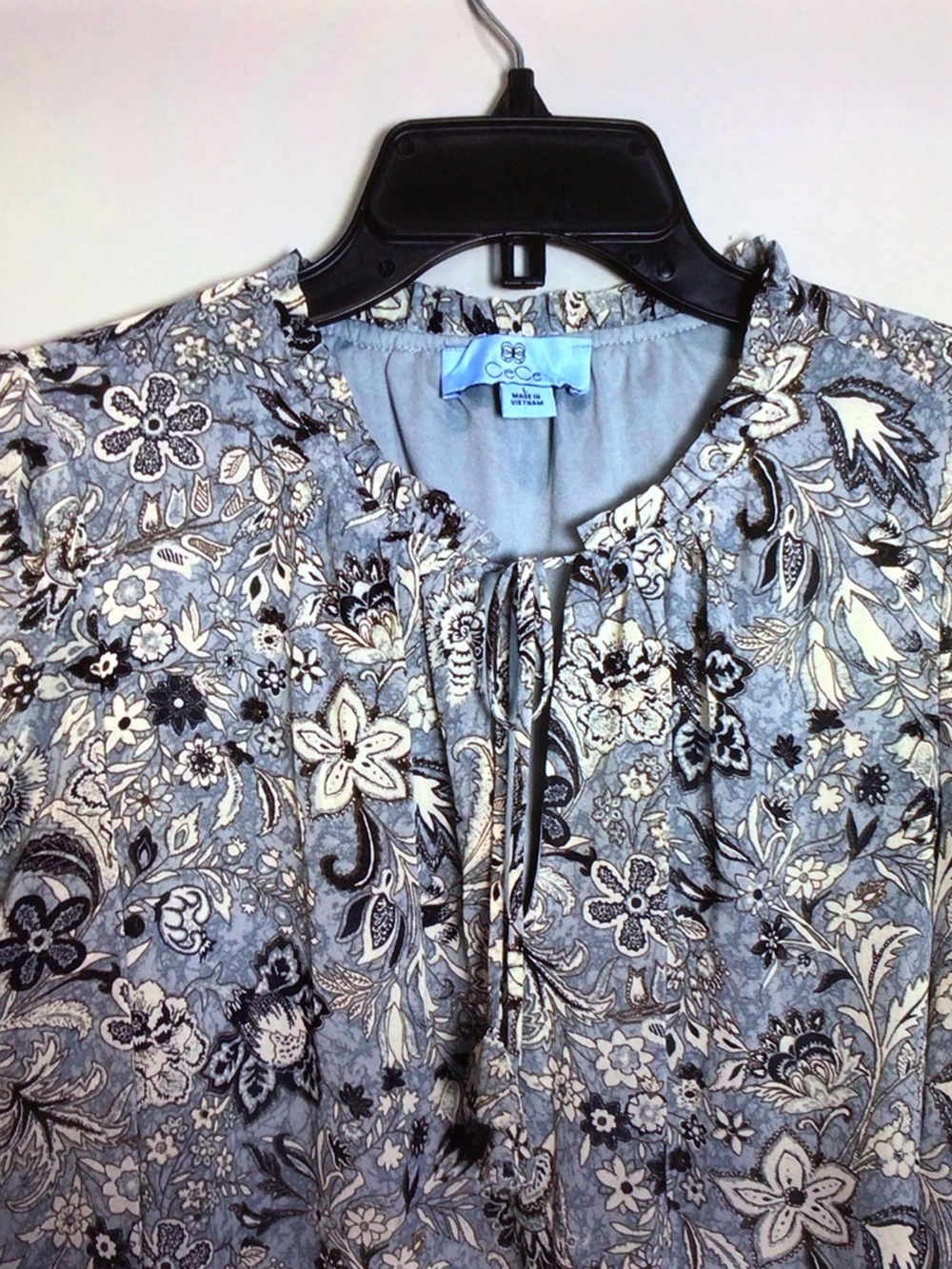 CeCe Blue Floral Tie-Neck Long Sleeve Blouse - Picture 2 of 8